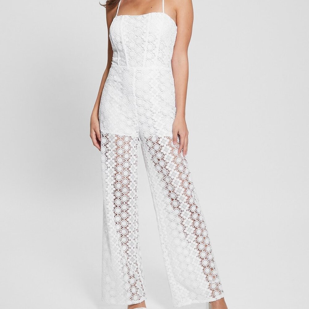 Guess Women's Elle Sleeveless Open-Back Lace Jumpsuit- White- Size S